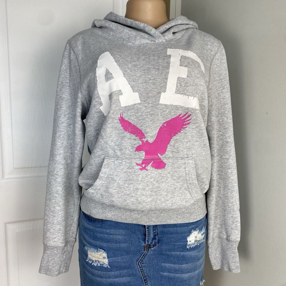 Y2K American Eagle Hoodie Sweatshirt Womens Sz L Gray kangaroo pocket pink